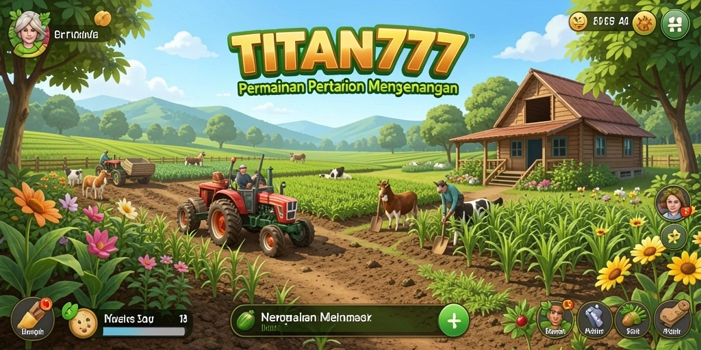 Tampilan gameplay TITAN777 dengan lahan pertanian yang indah dan aktif.