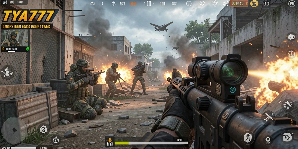 Screenshot utama TYA777 menampilkan pertempuran FPS yang intens.